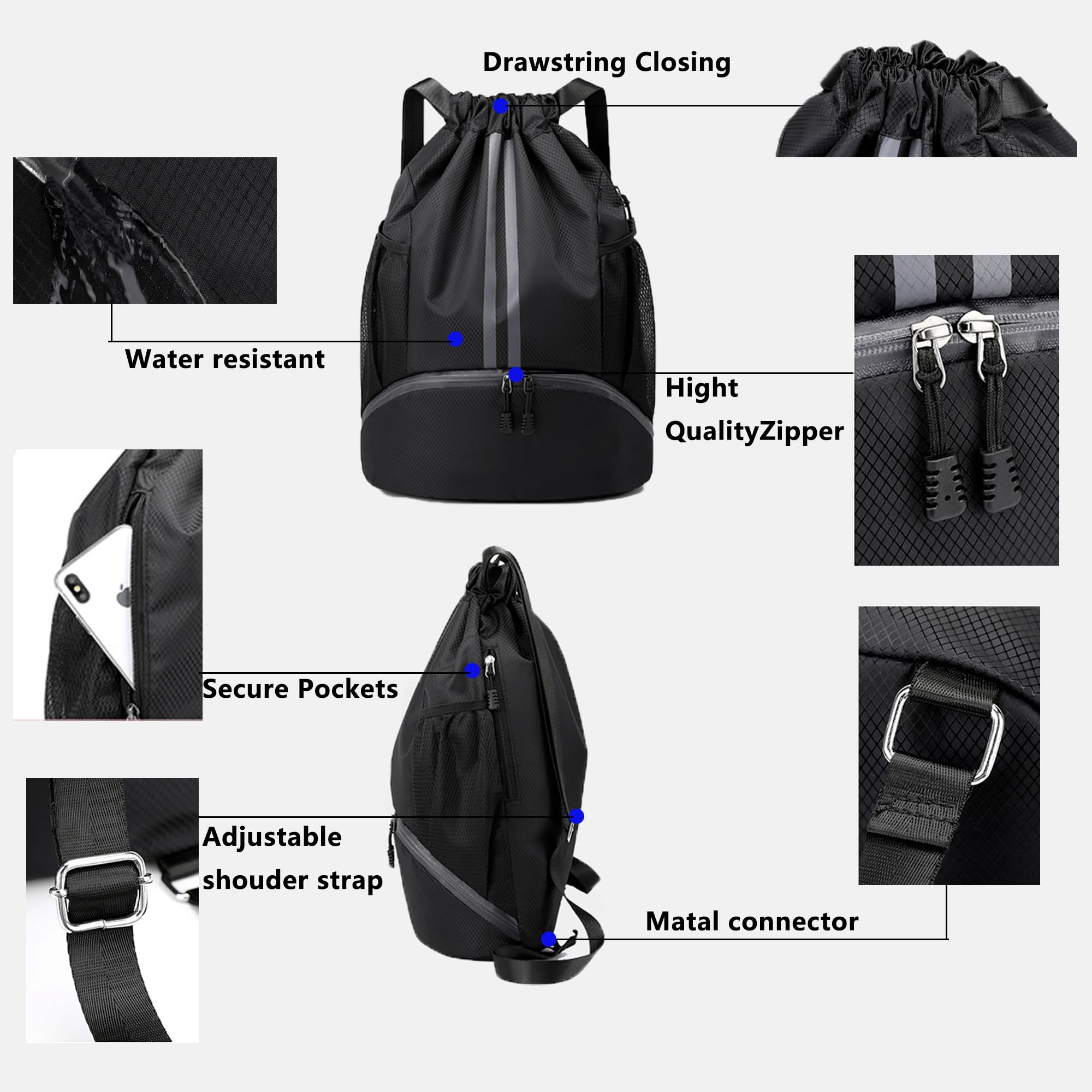 BRILISLE Drawstring Backpack Water-Resistant Sports Gym Bag for Women & Men with Shoes Compartment and Wet-Proof Pocket blkblu