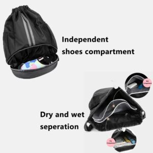 BRILISLE Drawstring Backpack Water-Resistant Sports Gym Bag for Women & Men with Shoes Compartment and Wet-Proof Pocket blkblu