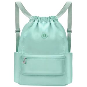 baveloe drawstring backpack with wet pocket gym backpack water-resistant cinch string bag beach swim for women men（mint green）