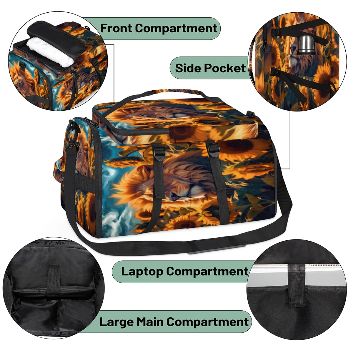 Animal Lion in Sunflowers（08） Gym Duffle Bag for Traveling Sports Tote Gym Bag with Shoes Compartment Water-resistant Workout Bag Weekender Bag Backpack for Men Women