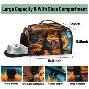 Animal Lion in Sunflowers（08） Gym Duffle Bag for Traveling Sports Tote Gym Bag with Shoes Compartment Water-resistant Workout Bag Weekender Bag Backpack for Men Women