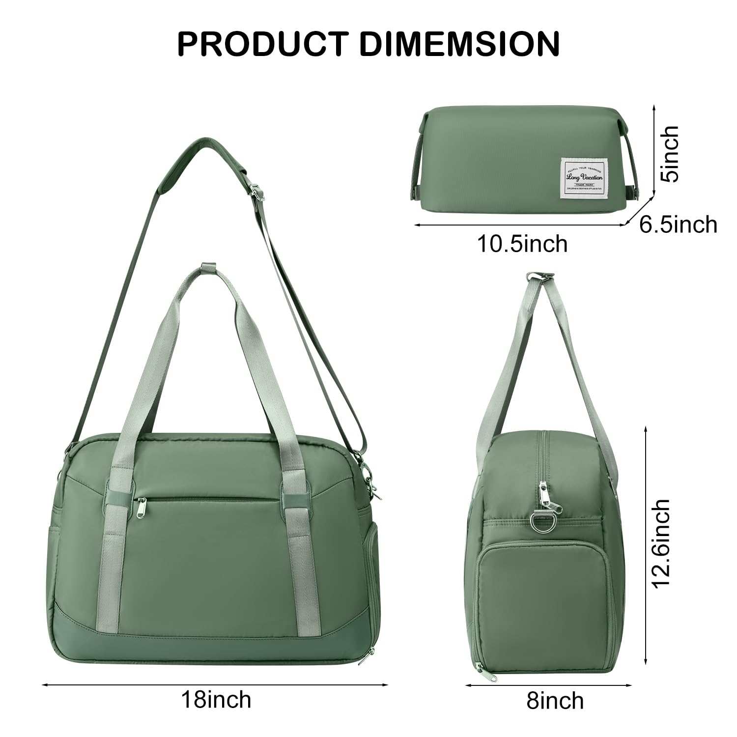 LONG VACATION Women's Travel Duffel Bag with Toiletry Bag, Sports Gym Bag Weekendeer Carry-on Tote with Shoe Compartment and Wet Pocket, Yoga Bag Fit 15.6inch Laptop (OLIVE GREEN, 18-inch)