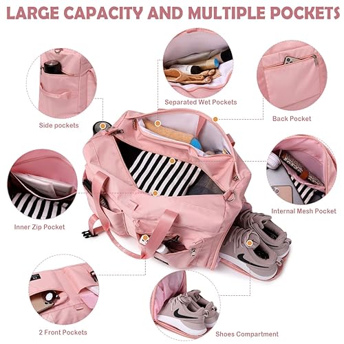 MYHOZEE Travel Duffle Bag for Women, Weekender Overnight Bags Sports Yoga Gym Bag Dry Wet Separated With Shoe Compartment, Waterproof Handbag for Swimming Travel Hospital Pink