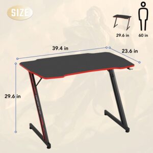 BestOffice 39" Gmaing Desk Computer Gaming Desk Z Shaped Gaming Workstation Ergonomic Gaming Table with Headphone Hook for Game Players (Red)