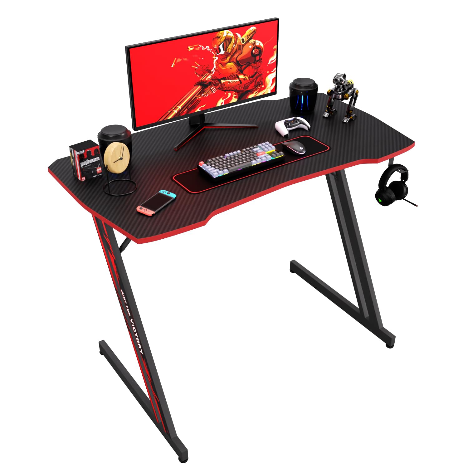 BestOffice 39" Gmaing Desk Computer Gaming Desk Z Shaped Gaming Workstation Ergonomic Gaming Table with Headphone Hook for Game Players (Red)