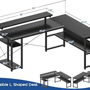 ODK Corner Computer Desk, 61" Reversible L Shaped Desk with Storage Shelves & Monitor Stand, Home Office Desk, Gaming Desk, Writing Desk, Black