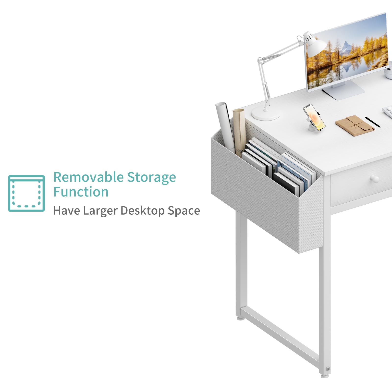 Lufeiya Small White Computer Desk with Fabric Drawers for Home Office Bedroom, 40 Inch Vanity Desk with Drawer Storage and Side Pouch, Study Writing Table, White