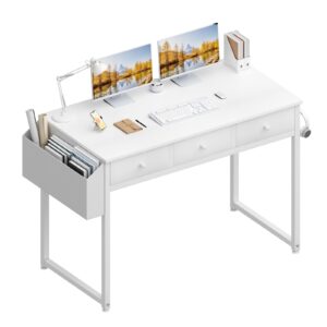 lufeiya small white computer desk with fabric drawers for home office bedroom, 40 inch vanity desk with drawer storage and side pouch, study writing table, white