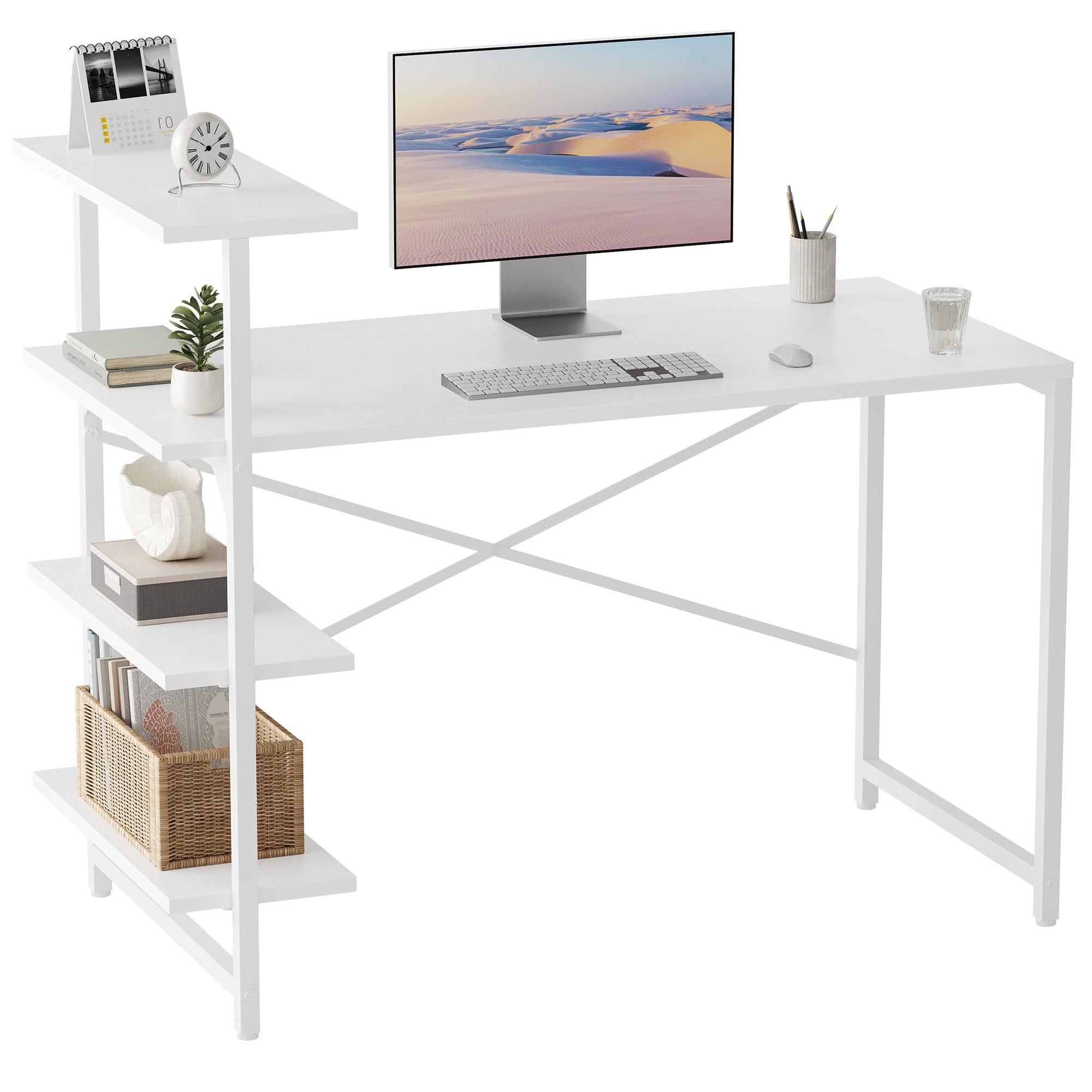 CubiCubi Small Computer Desk with Shelves, 40 Inch Reversible Home Office Desk with 3 Tier Storage Bookshelf, Study Writing Office Table, Pure White