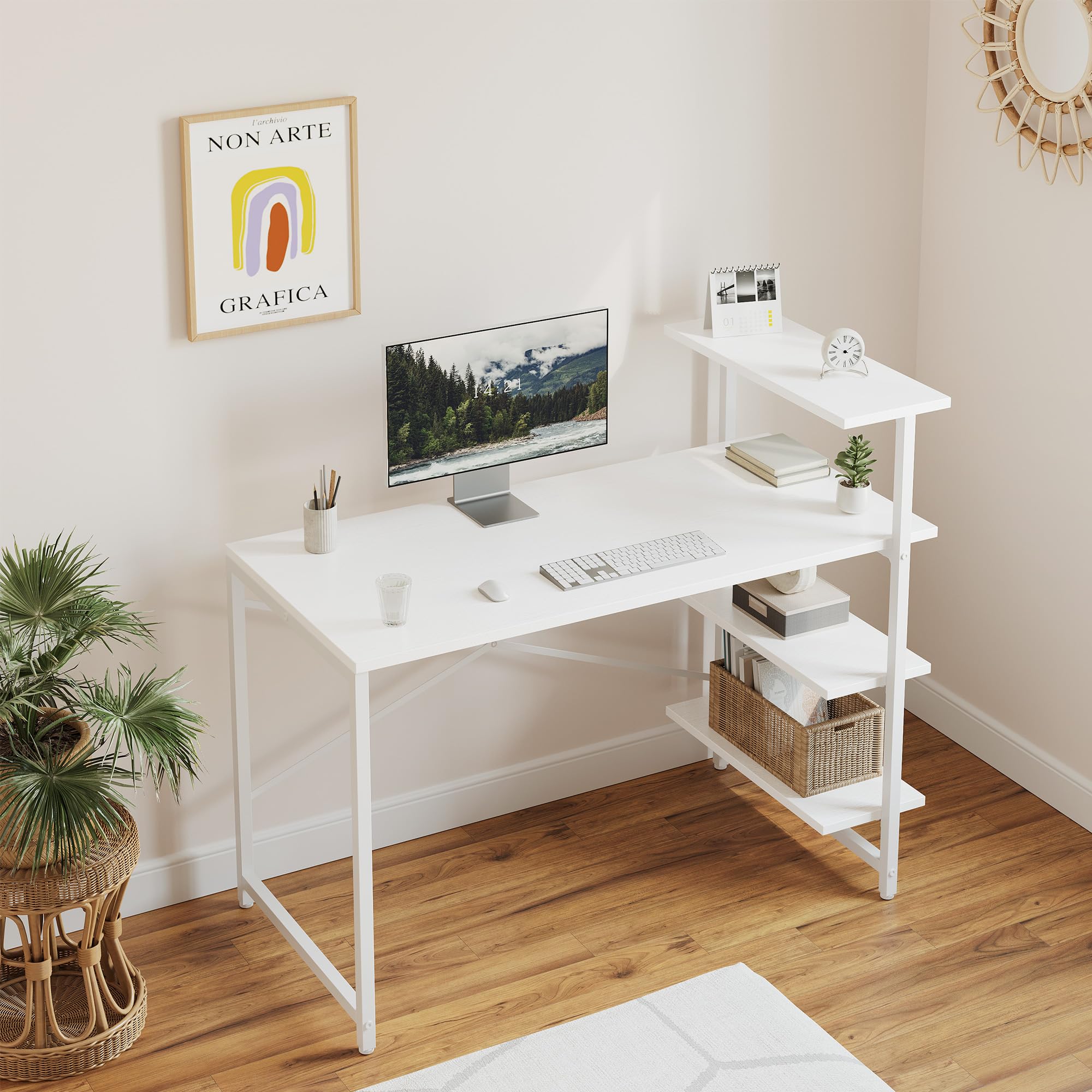 CubiCubi Small Computer Desk with Shelves, 40 Inch Reversible Home Office Desk with 3 Tier Storage Bookshelf, Study Writing Office Table, Pure White