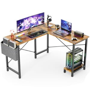 sweetcrispy l shaped computer desk - gaming table corner desk 50 inch pc writing desk study desks with wooden desktop cpu stand side bag reversible for home office dorm small space, rustic