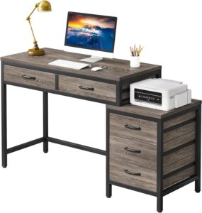 tribesigns computer desk with 5 drawers, home office desks with reversible drawer cabinet printer stand, industrial pc desk with storage, grey study writing table workstation for small spaces