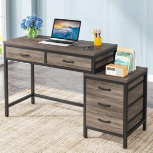 Tribesigns Computer Desk with 5 Drawers, Home Office Desks with Reversible Drawer Cabinet Printer Stand, Industrial PC Desk with Storage, Grey Study Writing Table Workstation for Small Spaces