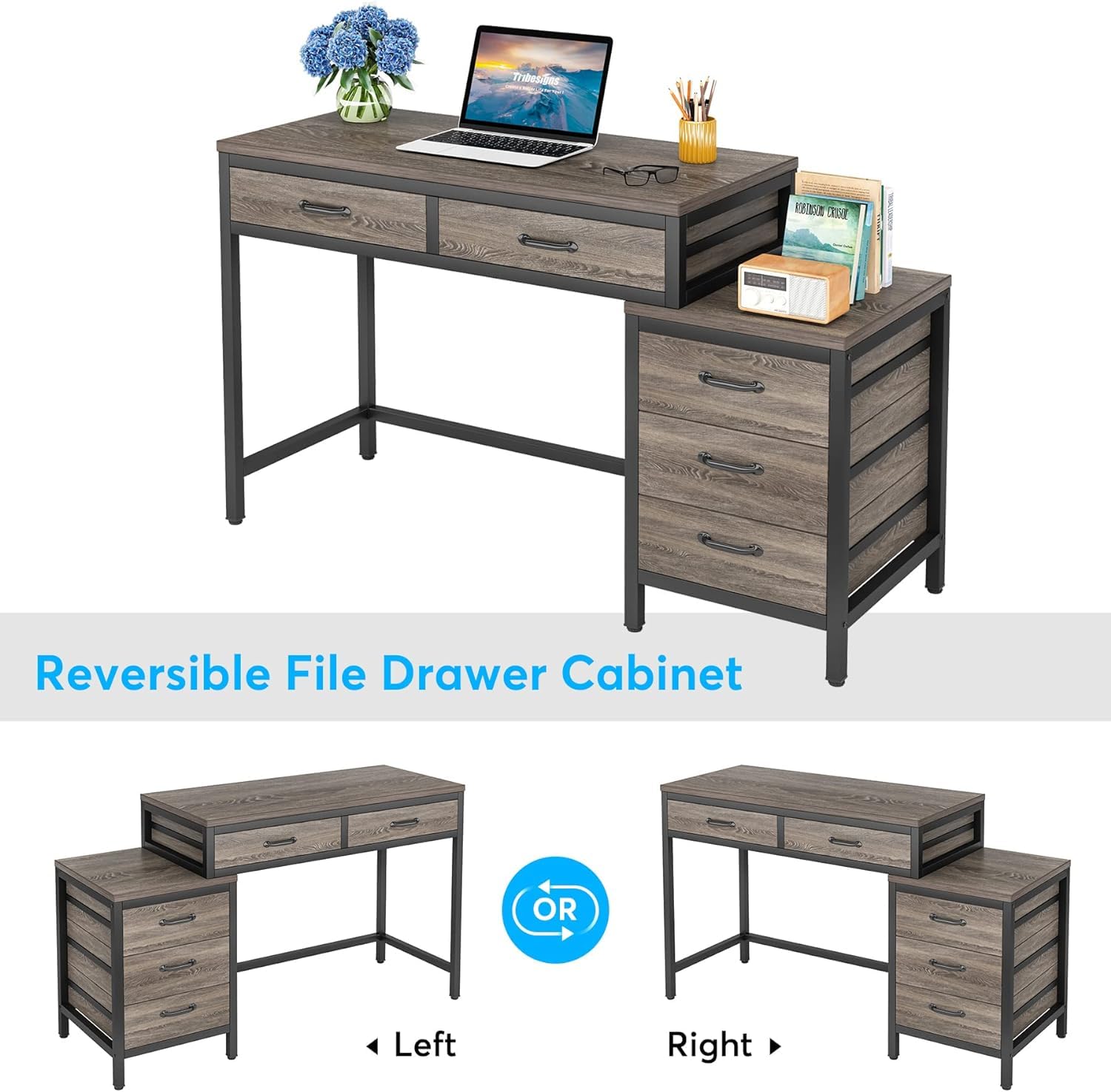 Tribesigns Computer Desk with 5 Drawers, Home Office Desks with Reversible Drawer Cabinet Printer Stand, Industrial PC Desk with Storage, Grey Study Writing Table Workstation for Small Spaces