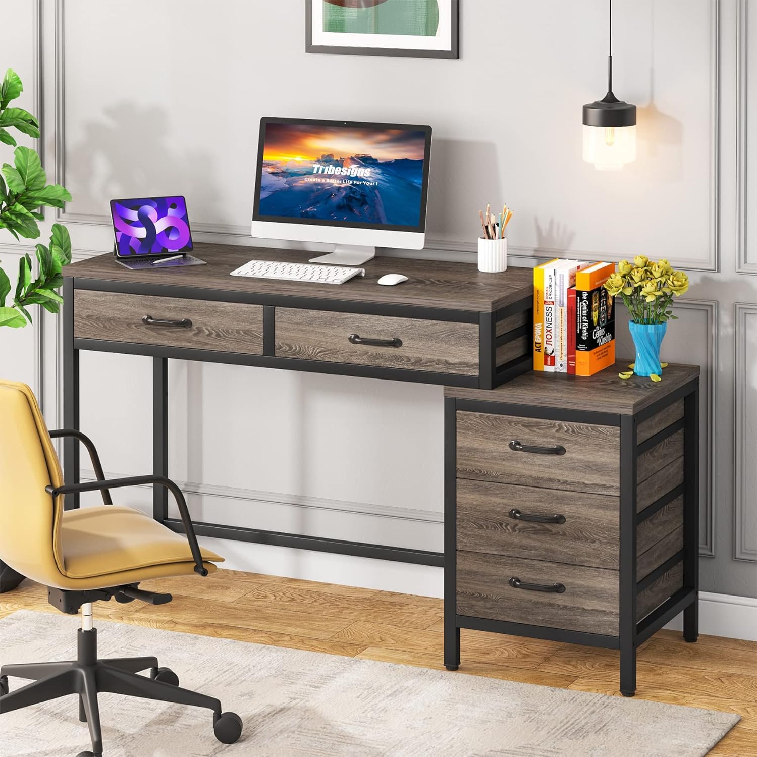 Tribesigns Computer Desk with 5 Drawers, Home Office Desks with Reversible Drawer Cabinet Printer Stand, Industrial PC Desk with Storage, Grey Study Writing Table Workstation for Small Spaces