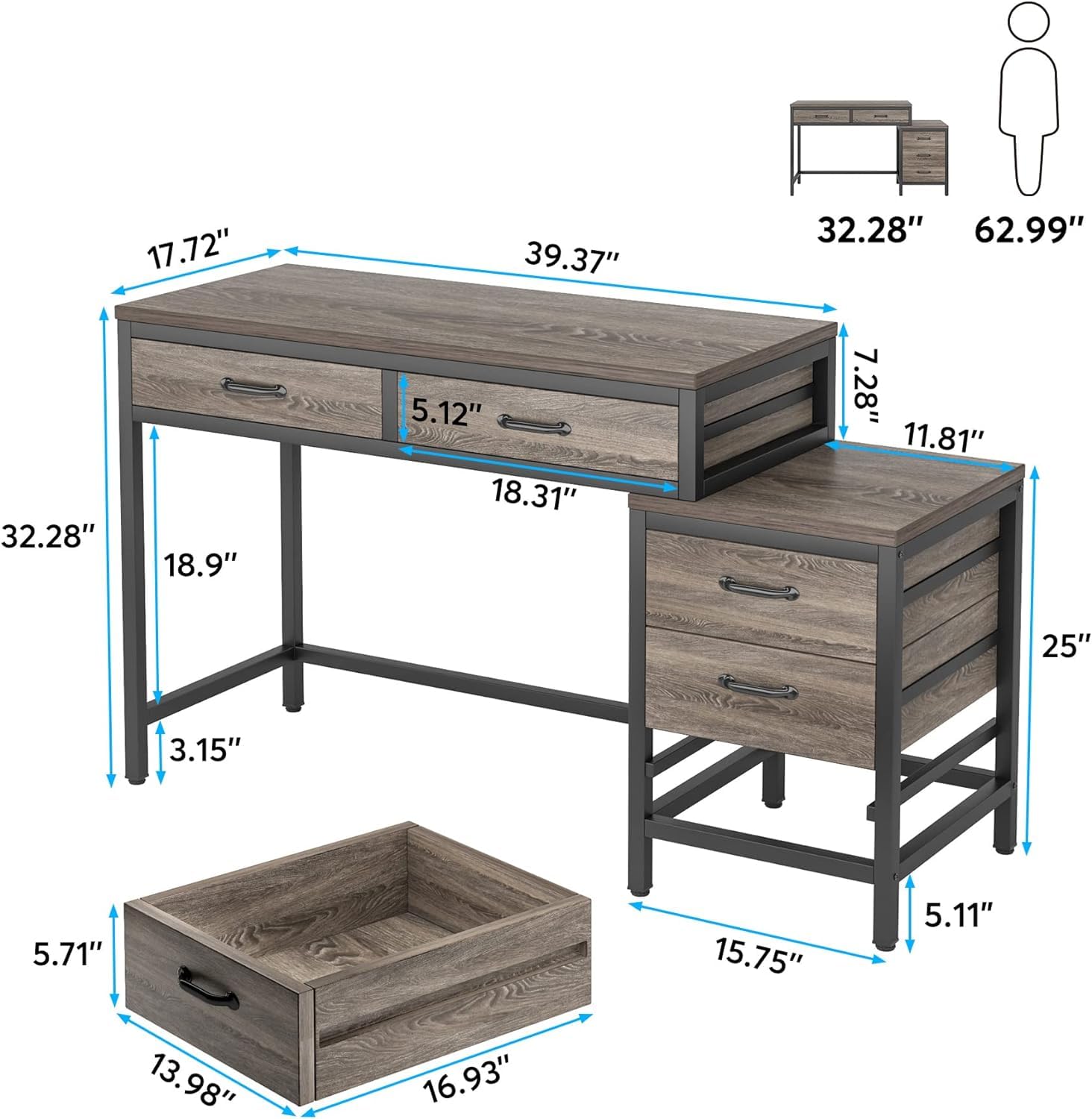 Tribesigns Computer Desk with 5 Drawers, Home Office Desks with Reversible Drawer Cabinet Printer Stand, Industrial PC Desk with Storage, Grey Study Writing Table Workstation for Small Spaces