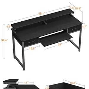 ODK Computer Desk Study Table, 55 Inch Office Desk with Drawers and Keyboard Tray, Study Desk Work Desk with Monitor Shelf, Writing Desk with Storage for Home Office, Black