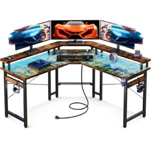 odk l shaped gaming desk with led lights & power outlets, 51" computer desk with full monitor stand, corner desk with cup holder, gaming table with hooks, vintage