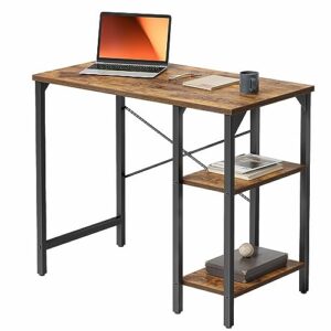 banti small computer desk, 35 inch home office desk with 2storage shelves on left or right side, study writing desk with storage bag, rustic brown