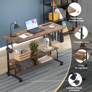 Height Adjustable Standing Desk with Power Outlets, 47" Manual Stand Up Desk with Storage Shelves Small Mobile Rolling Computer Desk Portable Laptop Table with Wheels for Home Office, Rustic