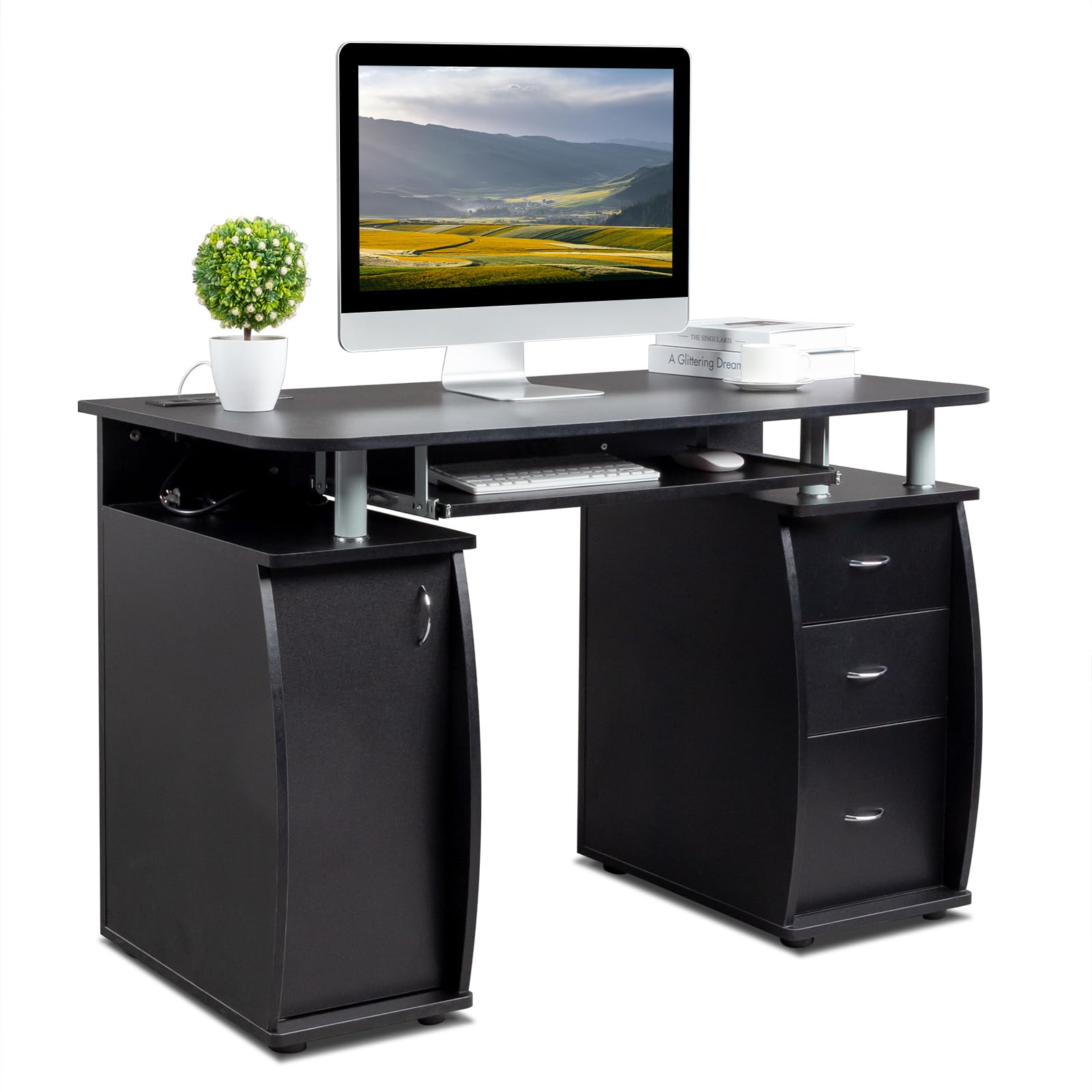 Karl home MDF Computer Desk with Strip Socket, Home Office Desk Writing Desk, Office Table with 3 Drawers and Storage Cabinet for Studio, Apartment, Coffee, Black