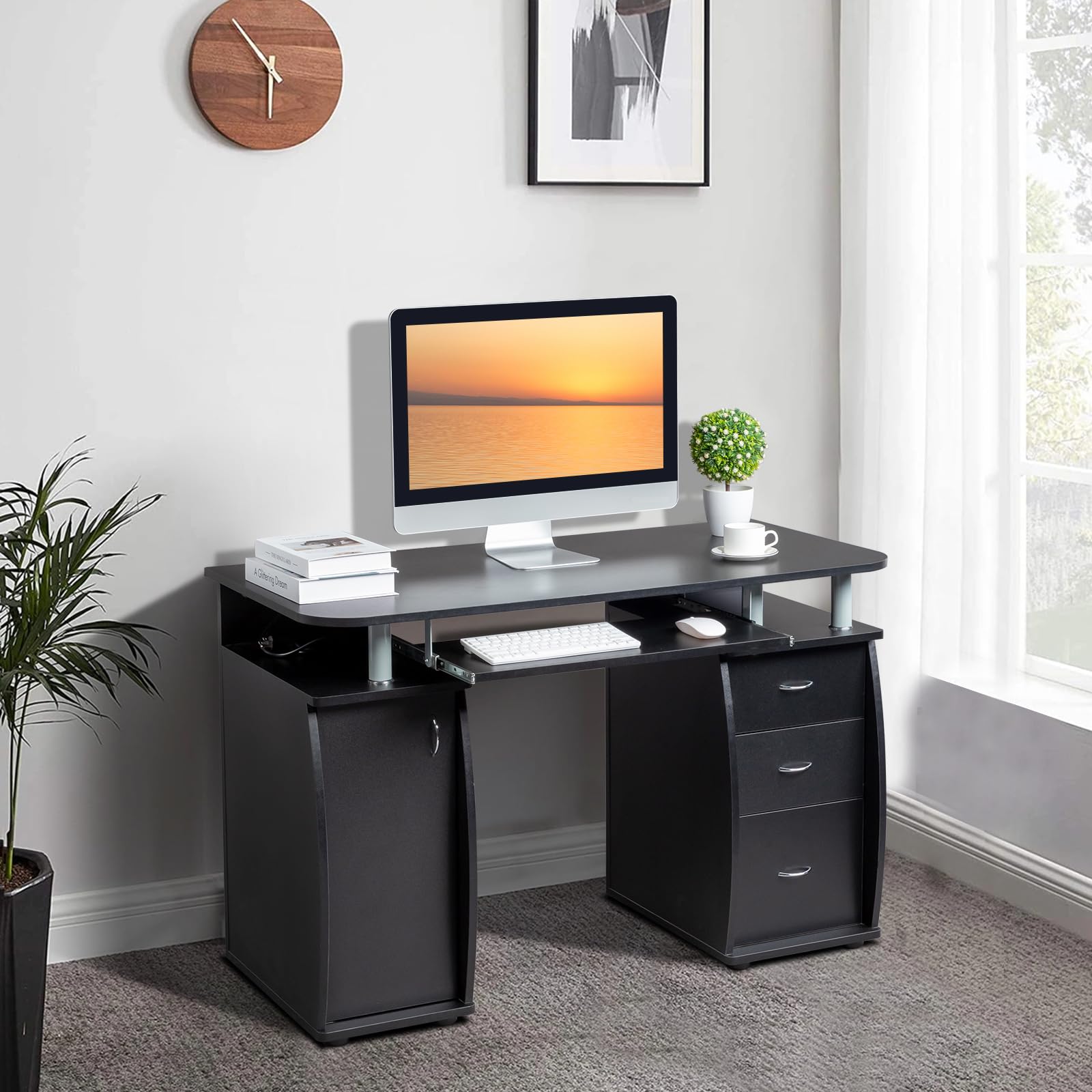 Karl home MDF Computer Desk with Strip Socket, Home Office Desk Writing Desk, Office Table with 3 Drawers and Storage Cabinet for Studio, Apartment, Coffee, Black