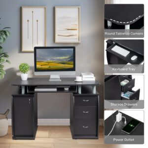 Karl home MDF Computer Desk with Strip Socket, Home Office Desk Writing Desk, Office Table with 3 Drawers and Storage Cabinet for Studio, Apartment, Coffee, Black