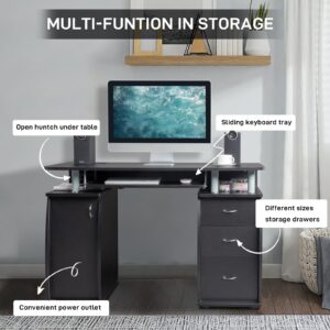 Karl home MDF Computer Desk with Strip Socket, Home Office Desk Writing Desk, Office Table with 3 Drawers and Storage Cabinet for Studio, Apartment, Coffee, Black