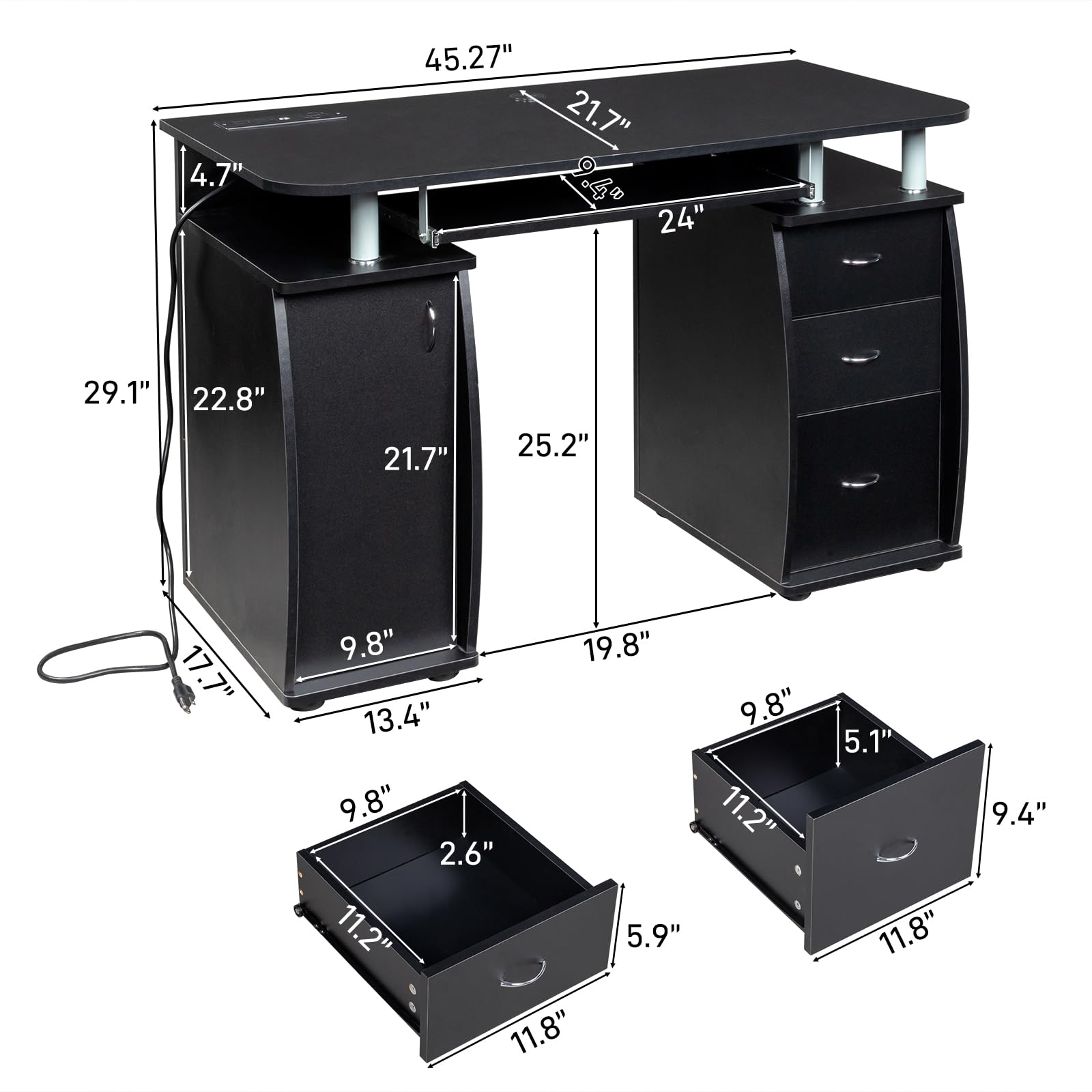 Karl home MDF Computer Desk with Strip Socket, Home Office Desk Writing Desk, Office Table with 3 Drawers and Storage Cabinet for Studio, Apartment, Coffee, Black