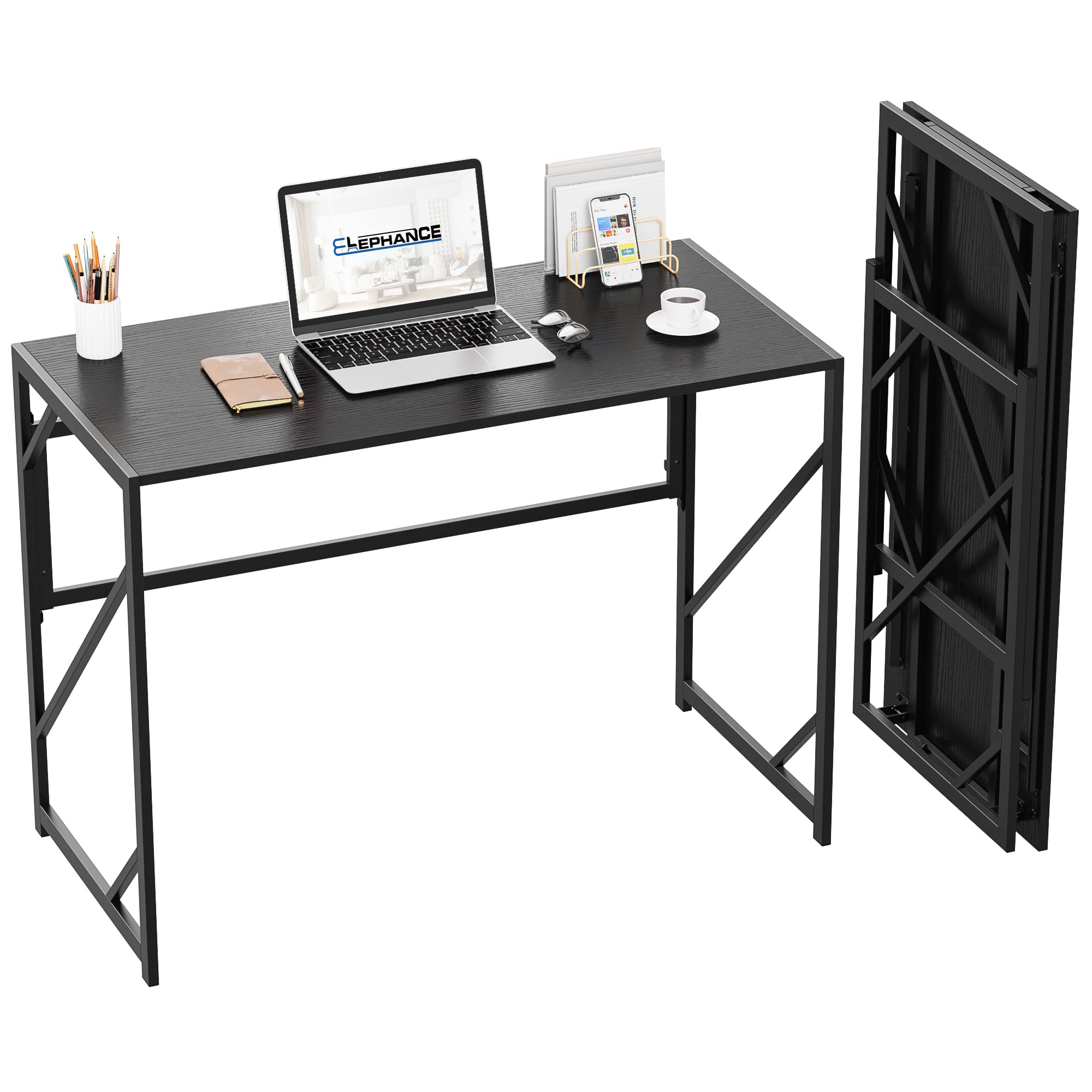 Elephance Folding Desk Writing Computer Desk for Home Office, No-Assembly Study Office Desk Foldable Table for Small Spaces