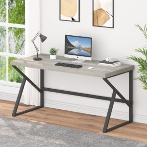 hsh gray computer desk, industrial wood and metal home office desk, farmhouse rustic pc laptop desk for executive work writing study gaming, modern simple bedroom computer table, light grey oak, 55 in