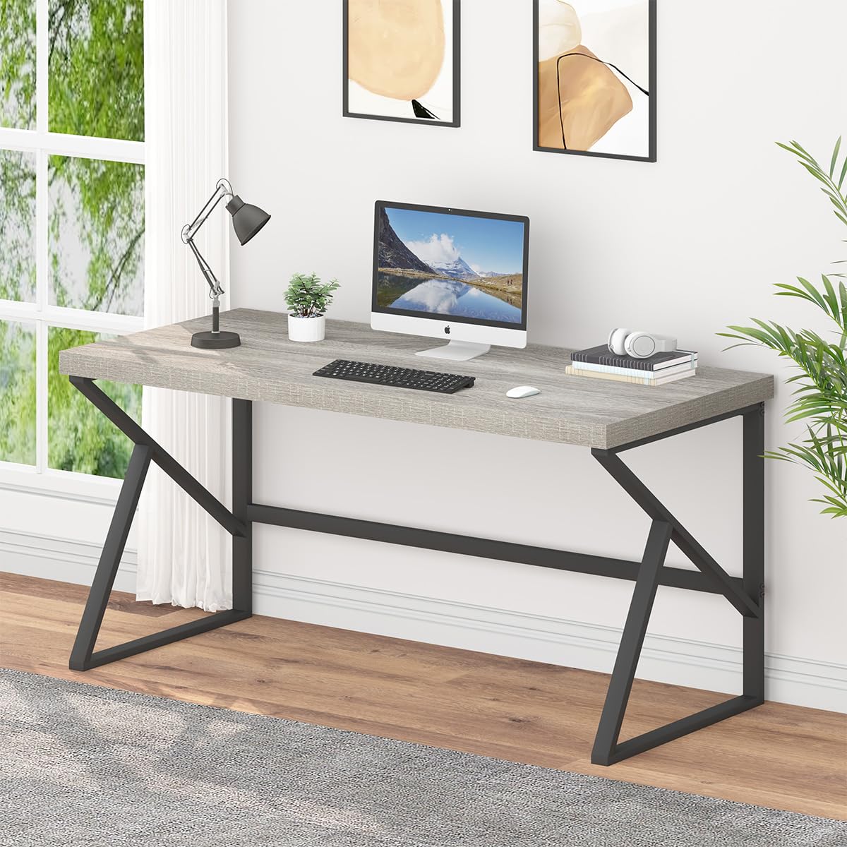 HSH Gray Computer Desk, Industrial Wood and Metal Home Office Desk, Farmhouse Rustic PC Laptop Desk for Executive Work Writing Study Gaming, Modern Simple Bedroom Computer Table, Light Grey Oak, 55 In