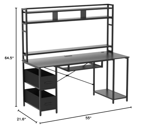 SEDETA Gaming Computer Desk, 55" Gaming Desk with LED Lights and Hutch, Computer Desk with Drawer, Power Outlet, Storage Shelves and Monitor Stand, Home Office Desk, Gamer Desk PC Table, Black