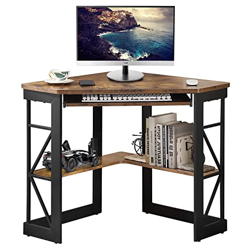 VECELO Corner Computer Desk Writing Smooth Keyboard Tray & Storage Shelves,Compact Home Office Triangle Table, Antique Brown