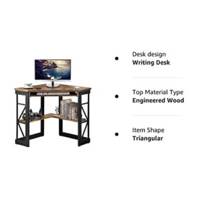 VECELO Corner Computer Desk Writing Smooth Keyboard Tray & Storage Shelves,Compact Home Office Triangle Table, Antique Brown