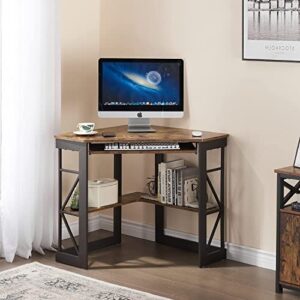 VECELO Corner Computer Desk Writing Smooth Keyboard Tray & Storage Shelves,Compact Home Office Triangle Table, Antique Brown