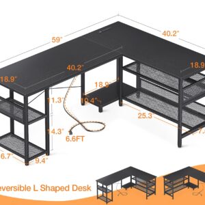 ODK 59" L Shaped Desk with Power Outlet and USB Charging Ports, Reversible L Shaped Computer Desk with Storage Shelves, Home Office Desk, Gaming Desk, Corner Desk, Black