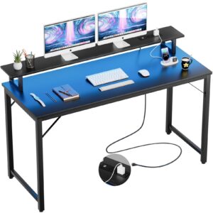 isunirm 55 inch computer desk with power outlets, office desk gaming desk with led lights, home office desk with monitor shelf, modern work desk study writing table for bedroom, matte black