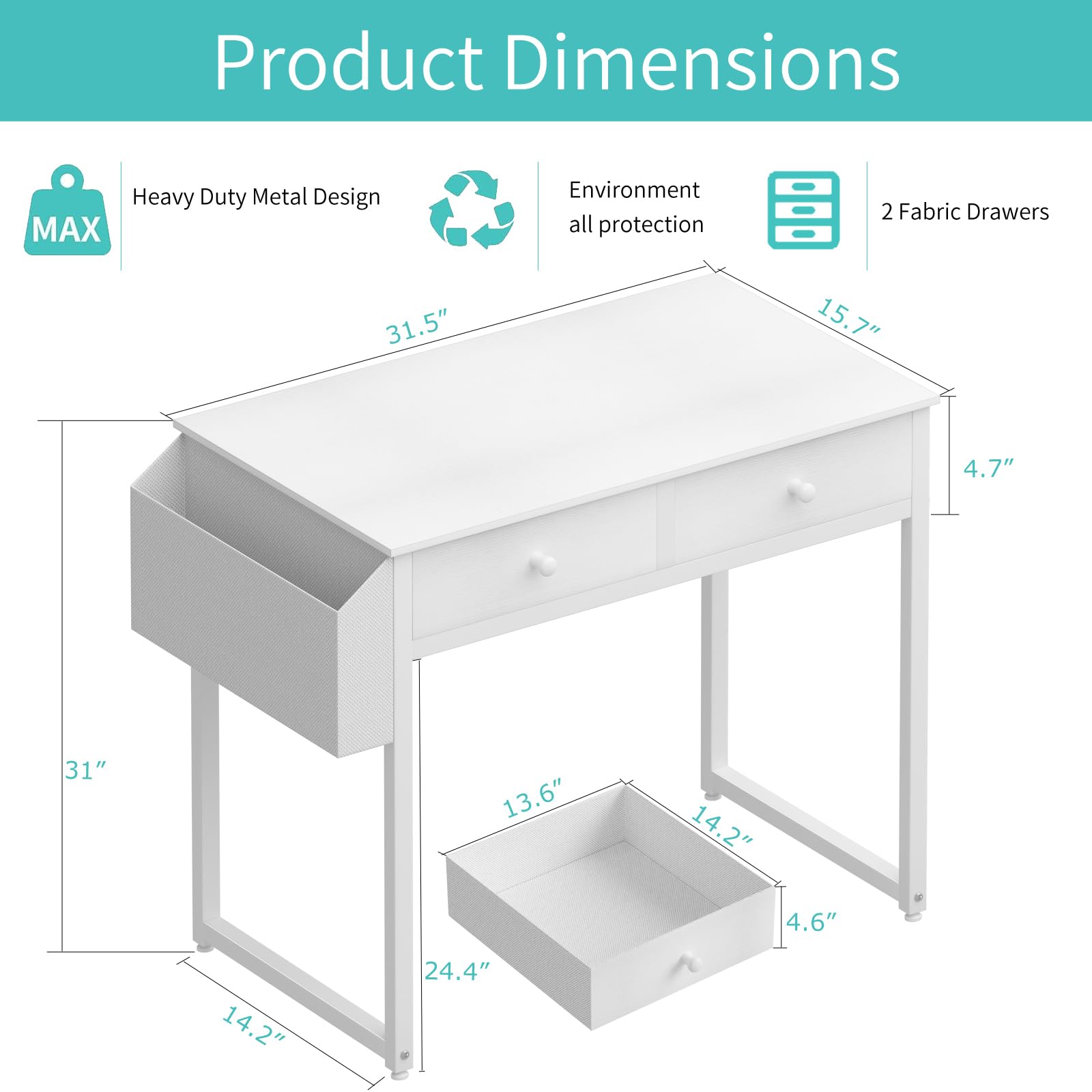 Lufeiya Small White Desk with Drawers - for Bedroom, 32 Inch Home Office Computer Desk with Fabric Storage Drawer and Bag, Study Writing Table for Small Spaces, white