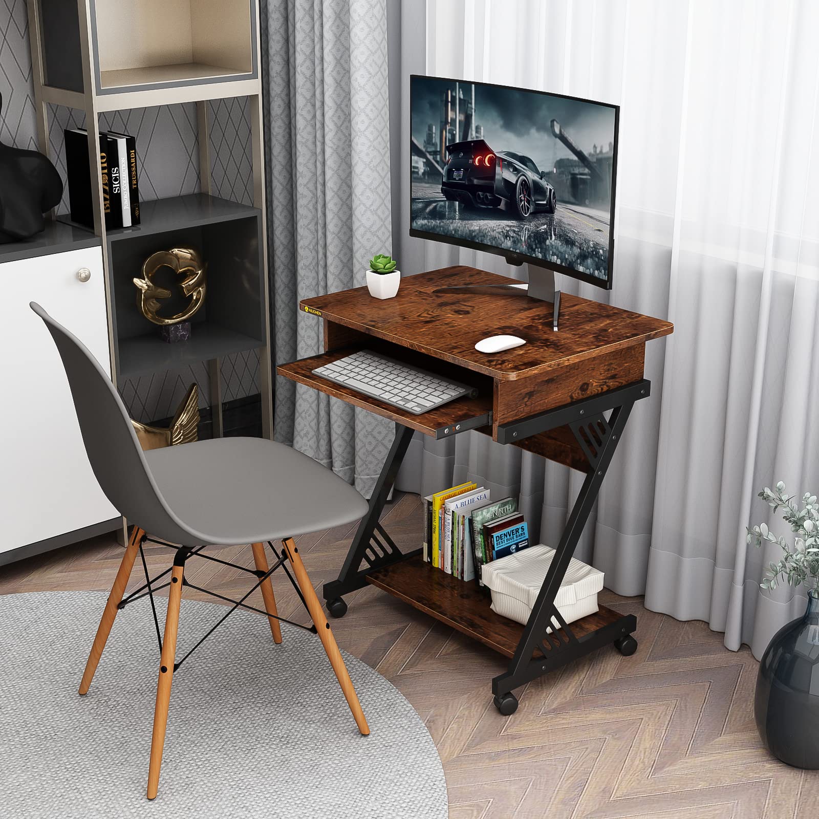 ALISENED 2 Tier Computer Desk with Keyboard Tray, 23.6" Home Office Desk Computer Workstation Rolling Study PC Laptop Table for Small Spaces,Z-Shaped Small Compact Study Table