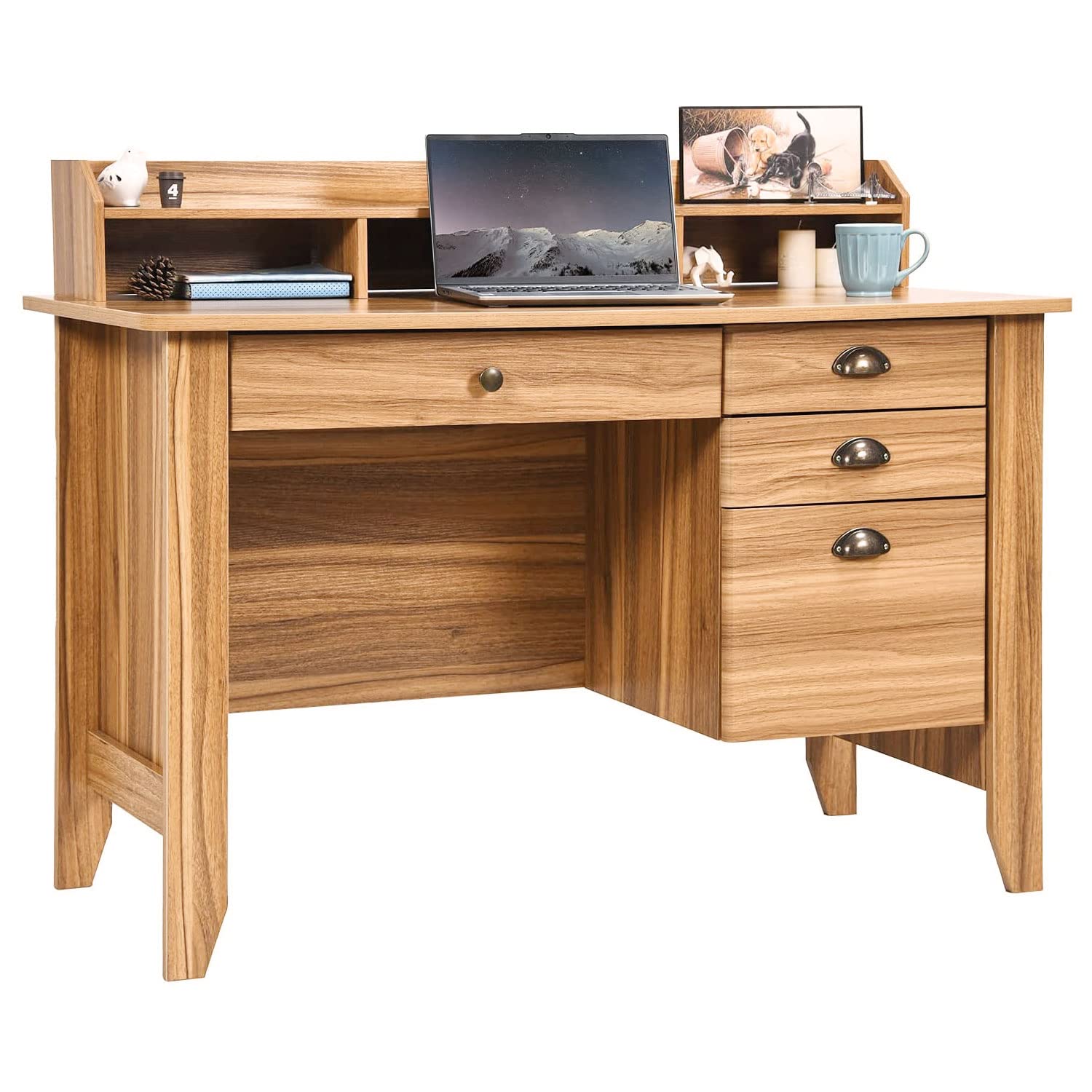 Catrimown Computer Desk with Drawers and Hutch, Farmhouse Home Office Desk Writing Table Wood Executive Desk Student Desk with File Drawer for Small Space, Bedroom, Rustic Oak