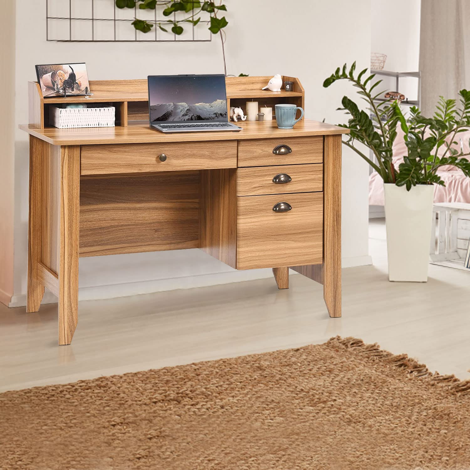 Catrimown Computer Desk with Drawers and Hutch, Farmhouse Home Office Desk Writing Table Wood Executive Desk Student Desk with File Drawer for Small Space, Bedroom, Rustic Oak