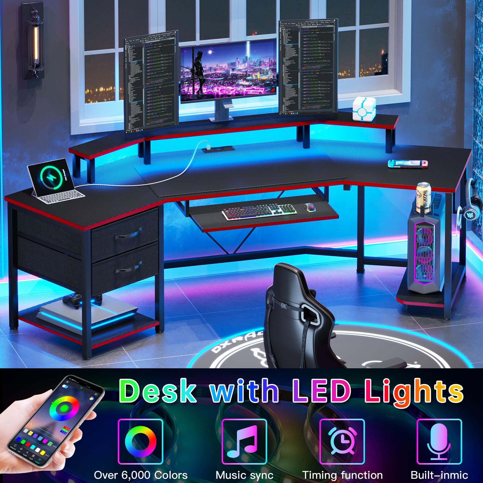 SEDETA 79" Gaming Desk, Computer Desk with 2 Fabric Drawers & LED Light, L Shaped Gaming Desk with Storage Shelf for Home Office, Carbon Fiber Black&Red