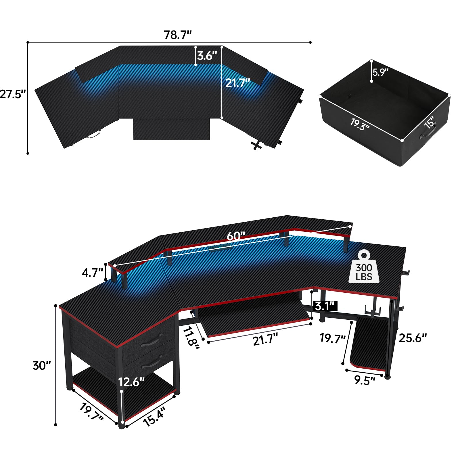 SEDETA 79" Gaming Desk, Computer Desk with 2 Fabric Drawers & LED Light, L Shaped Gaming Desk with Storage Shelf for Home Office, Carbon Fiber Black&Red