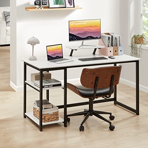 GreenForest Computer Home Office Desk with Monitor Stand and Reversible Storage Shelves,55 inch Modern Simple Writing Study PC Work Table,White