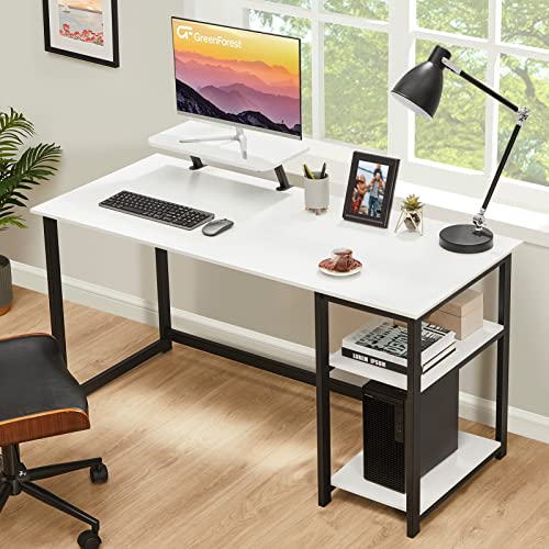 GreenForest Computer Home Office Desk with Monitor Stand and Reversible Storage Shelves,55 inch Modern Simple Writing Study PC Work Table,White