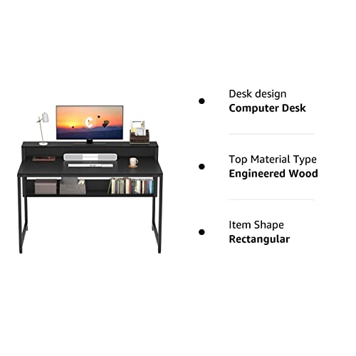 Cubiker Computer Home Office Desk, 47" Small Desk Table with Storage Shelf and Bookshelf, Study Writing Table Modern Simple Style Space Saving Design, Black