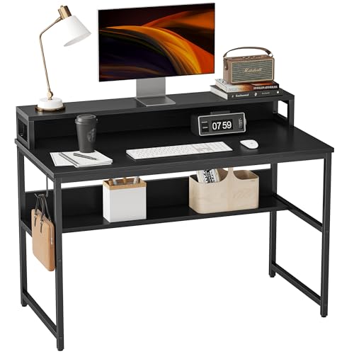 Cubiker Computer Home Office Desk, 47" Small Desk Table with Storage Shelf and Bookshelf, Study Writing Table Modern Simple Style Space Saving Design, Black