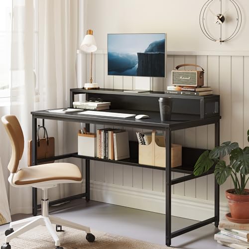 Cubiker Computer Home Office Desk, 47" Small Desk Table with Storage Shelf and Bookshelf, Study Writing Table Modern Simple Style Space Saving Design, Black