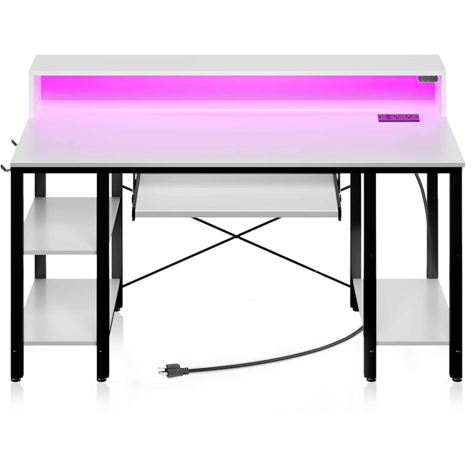 Rolanstar Computer Desk 47 inch with LED Lights & Power Outlets, Gaming Desk with Storage Shelves, Home Office Desk with Keyboard Tray, Writing Desk with Monitor Stand, Study Desk, White